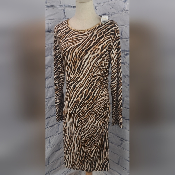 NWT Michael Kors Animal Print Dress Midi Ruched Gold Chain Camel $175 Large - Picture 4 of 13